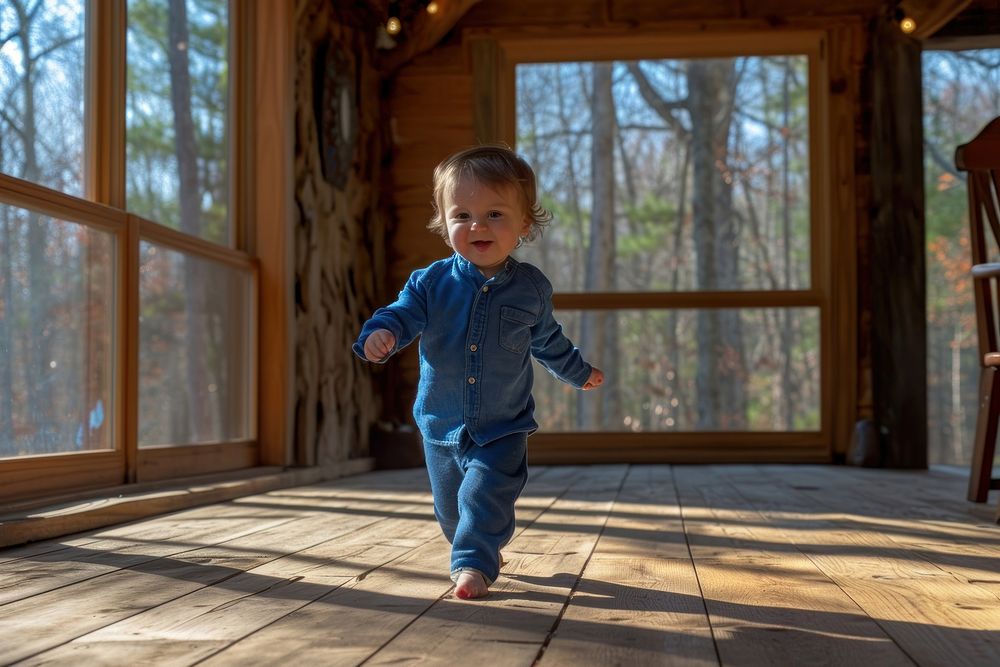 Happy baby walking in the room architecture photography portrait.