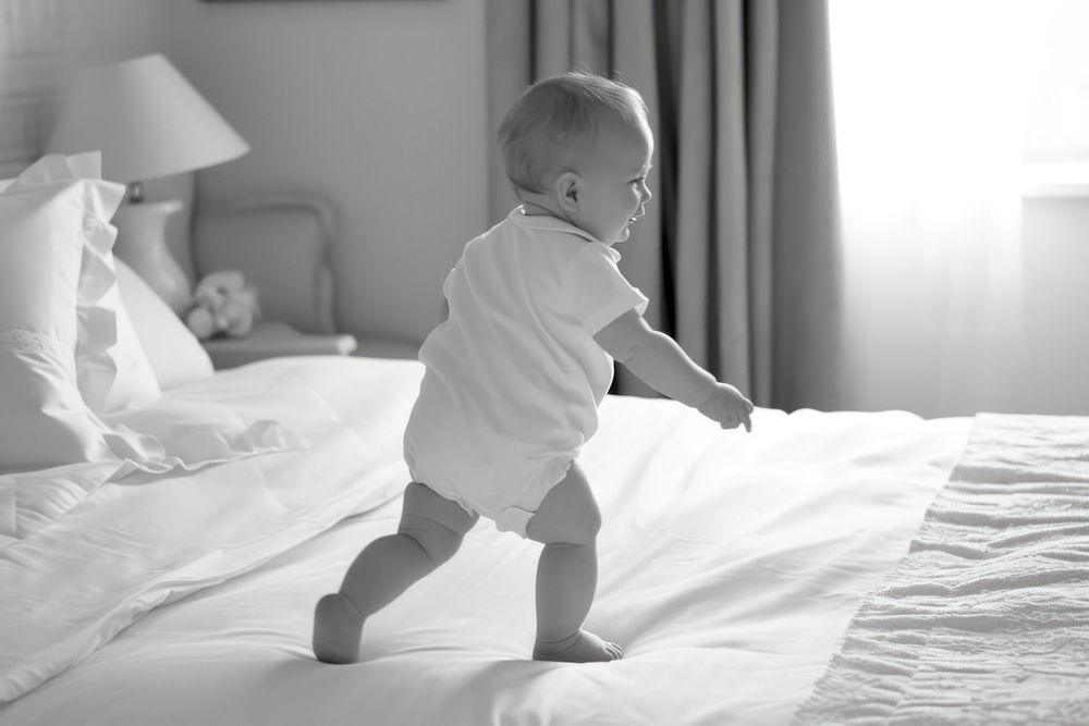 Happy baby walking in the room photography furniture bed.