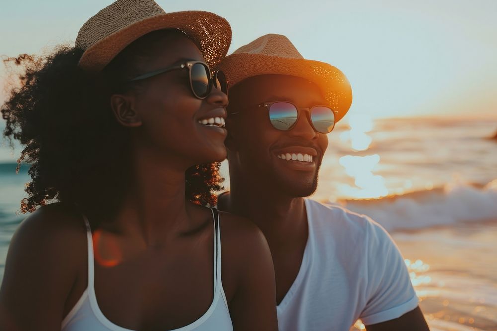 Happy black couple traveling glasses sunset beach.