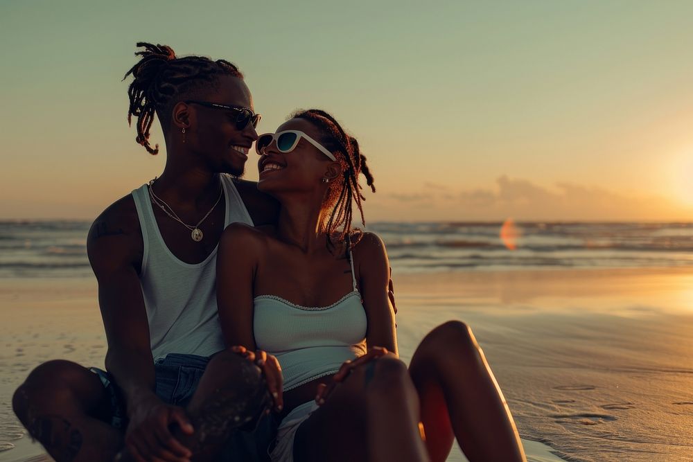 Happy black couple traveling sunset beach adult.