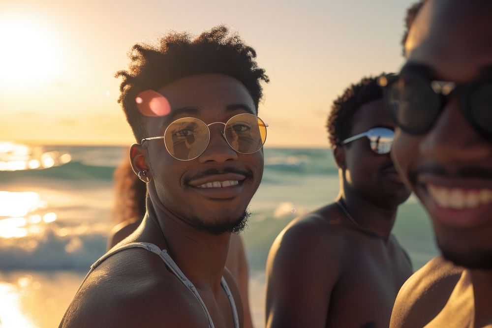 Happy black people group of friends beach photography sunglasses.