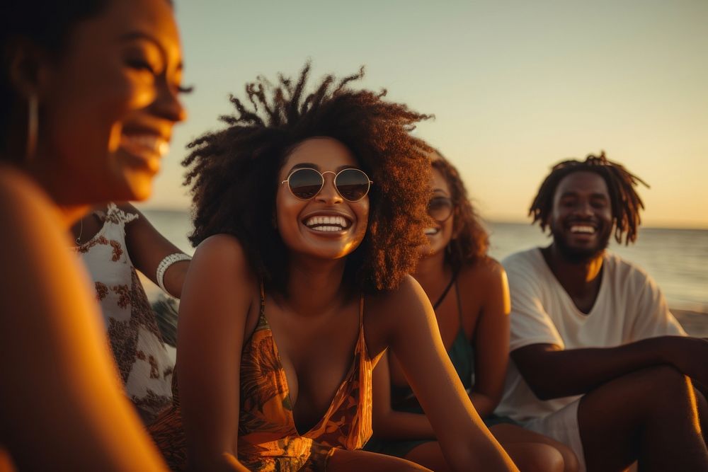 Happy black people group of friends laughing sunset adult.