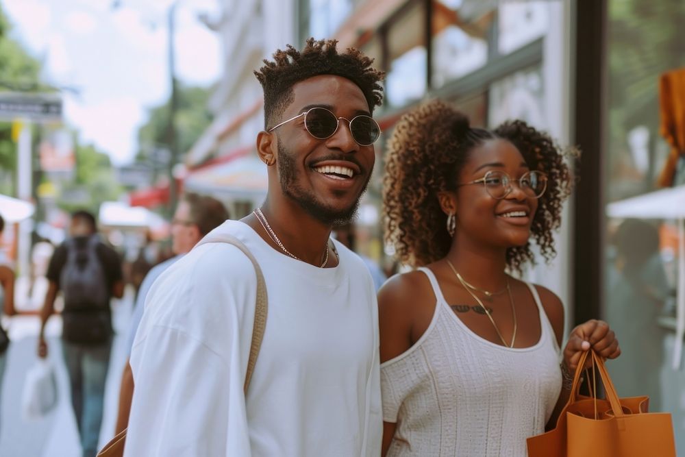 Happy black people shopping adult togetherness architecture.