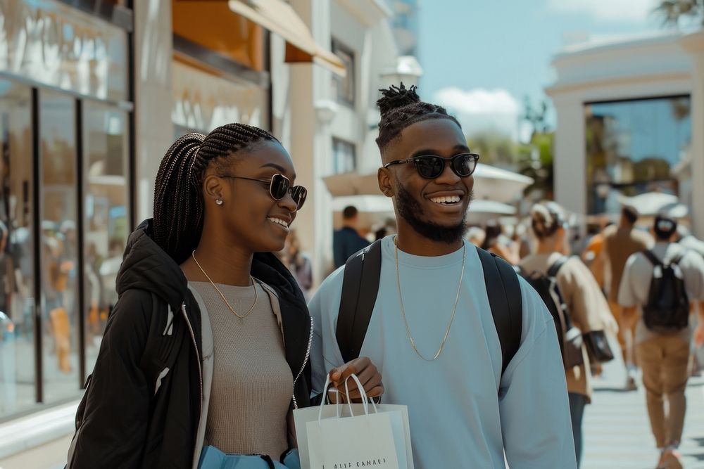Happy black people shopping sunglasses adult togetherness.