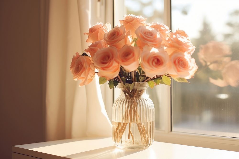 Roses windowsill flower plant. AI generated Image by rawpixel.