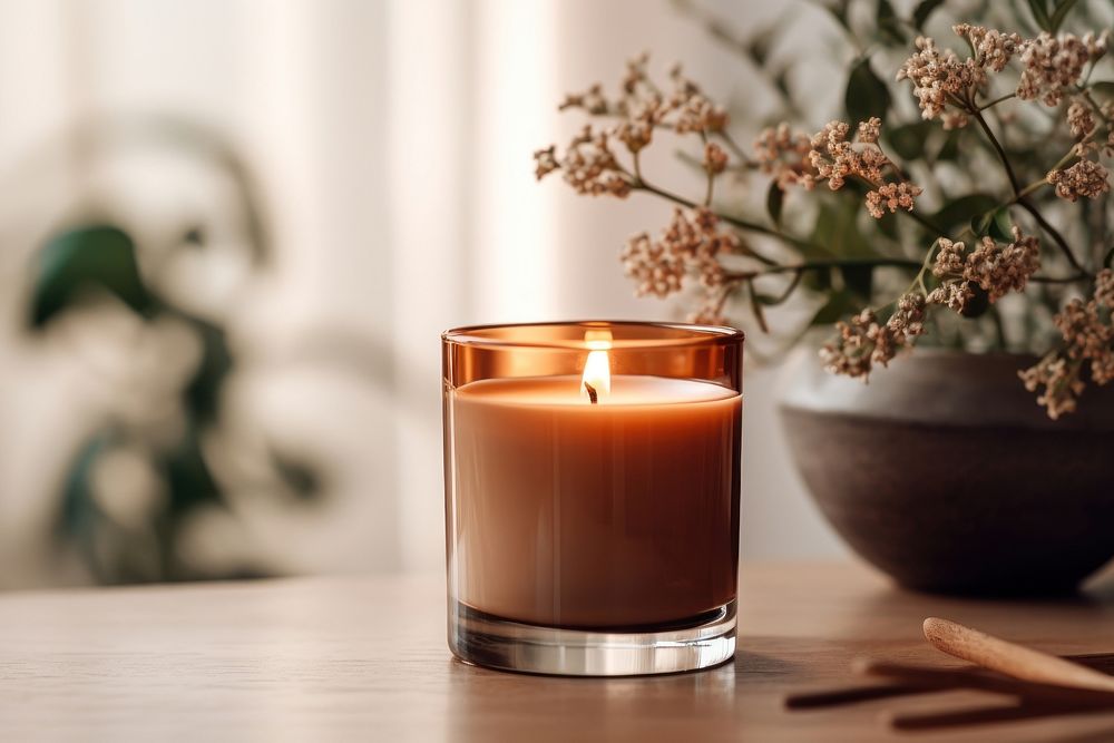 Smelling candle in brown glass on table refreshment flowerpot freshness.