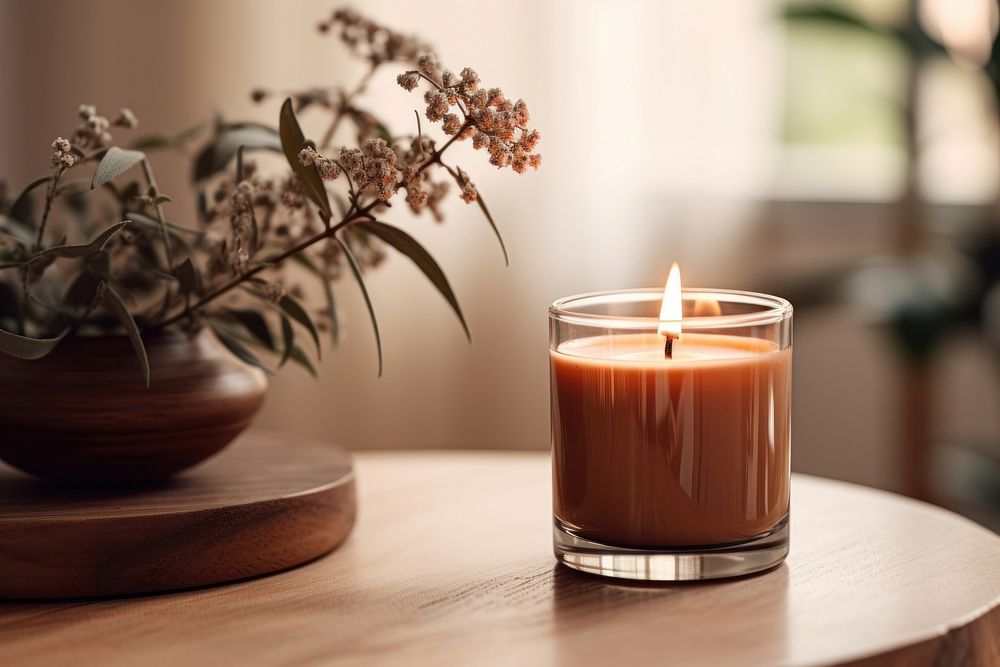 Smelling candle in brown glass on table freshness lighting burning.