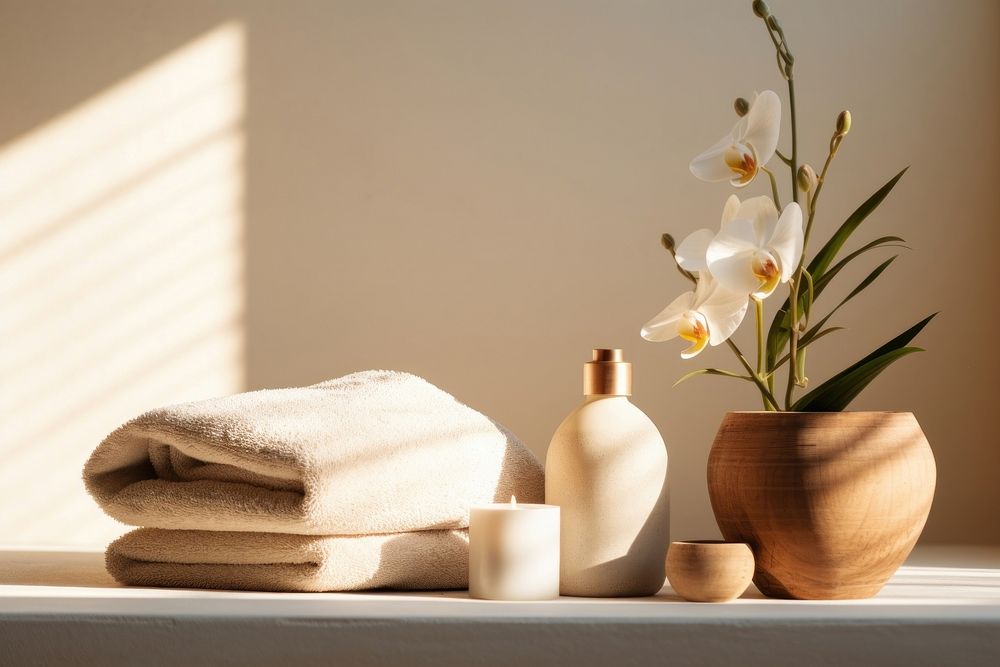 Spa composition with body care flower towel plant.