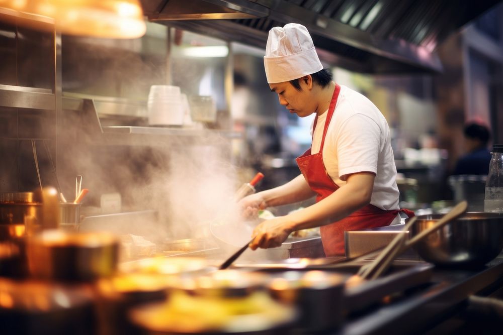  A chef in a restaurant kitchen busy preparing food for customer cooking concentration appliance. AI generated Image by…