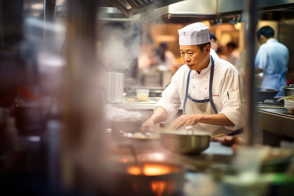  A chef in a restaurant kitchen busy preparing food for customer adult cook concentration. AI generated Image by rawpixel.