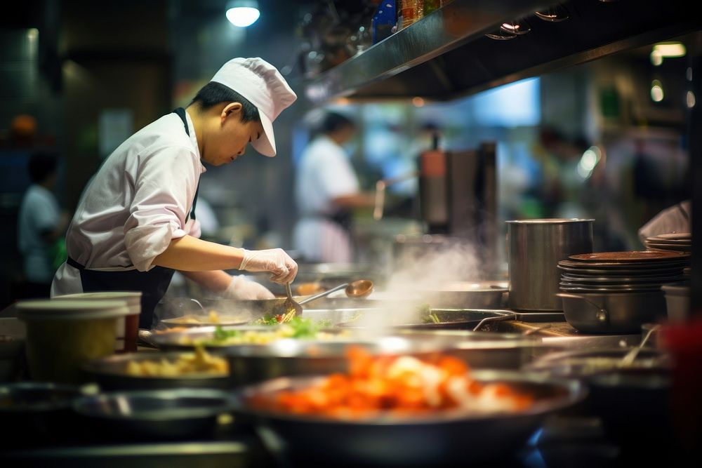  A chef in a restaurant kitchen busy preparing food for customer cooking concentration appliance. AI generated Image by…