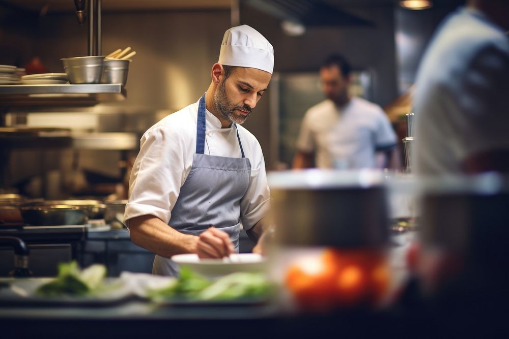 A chef in a restaurant kitchen busy preparing food for customer cooking adult concentration. AI generated Image by rawpixel.