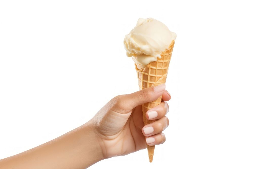 A female hand holding an ice cream cone dessert food white background. AI generated Image by rawpixel.