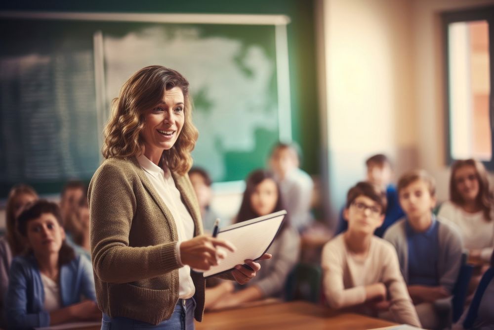 A female teacher teaching students in classroom adult happy togetherness. AI generated Image by rawpixel.