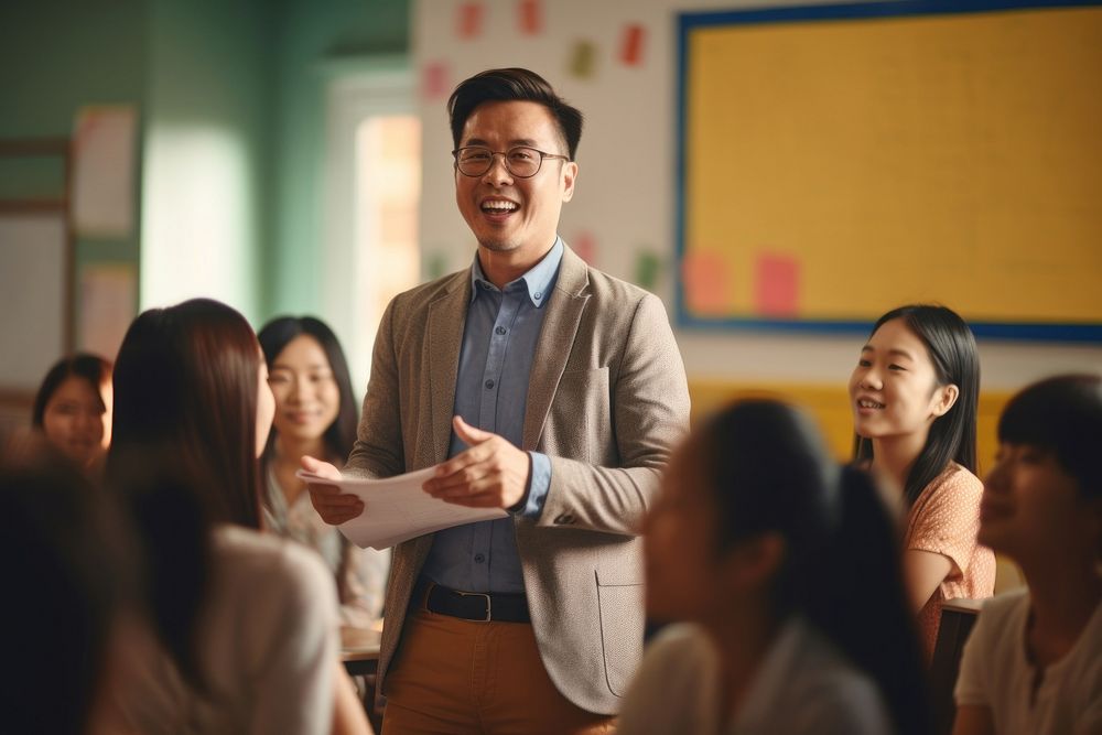 A teacher teaching students in classroom adult happy togetherness. AI generated Image by rawpixel.