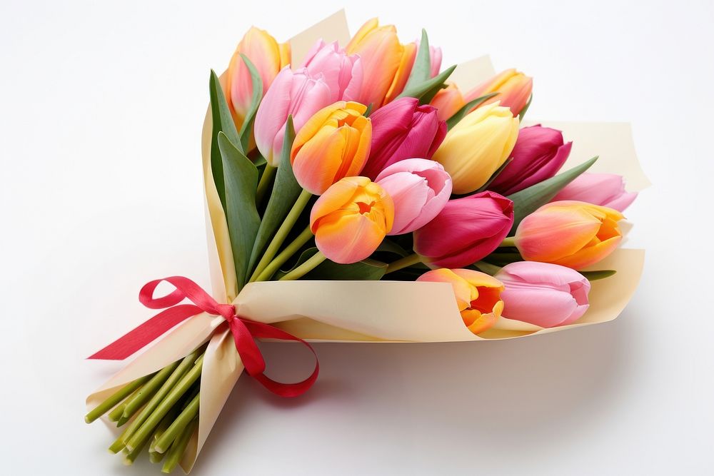 A Bouquet of spring tulips with different color flowers wrapped in paper for present ribbon plant inflorescence. AI…