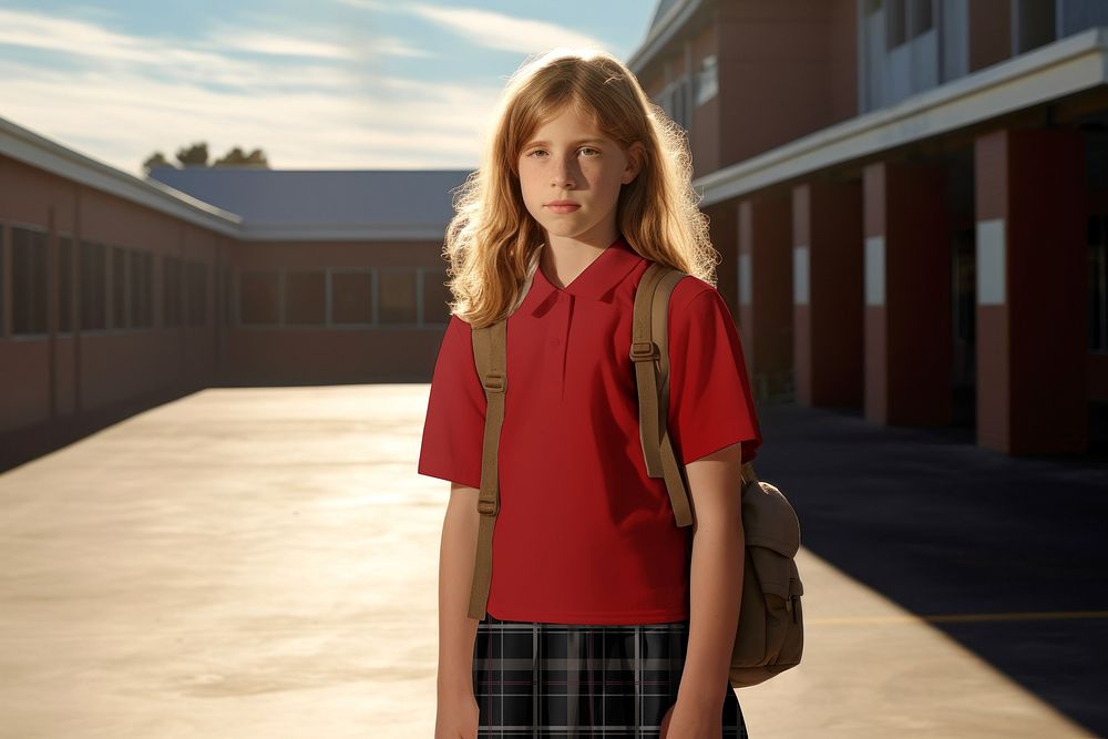 Student in red polo shirt at school
