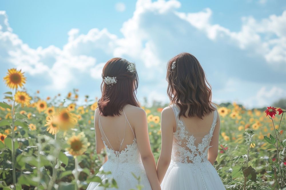 2 Taiwanese women getting married outdoors wedding sunflower.