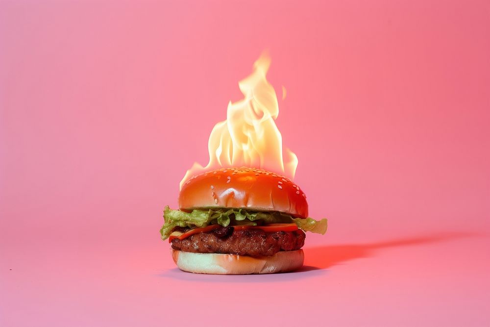 Hamburger burning food pink.