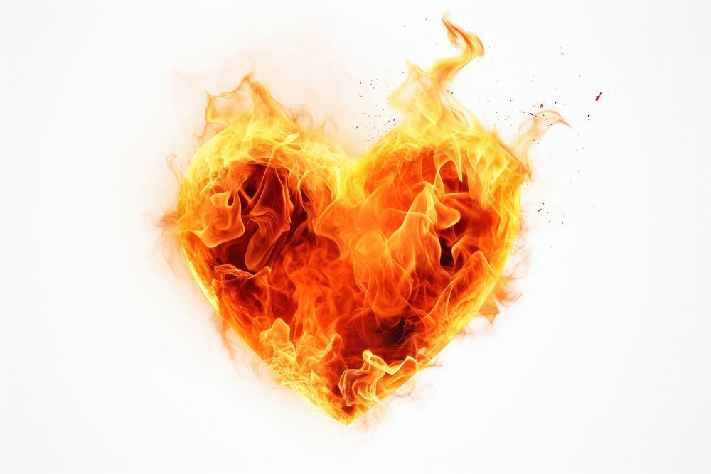 Heart-shaped fire flame white background creativity exploding.