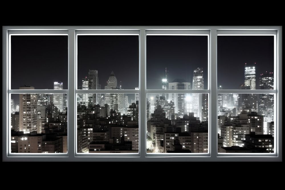 Night city window view architecture building illuminated.
