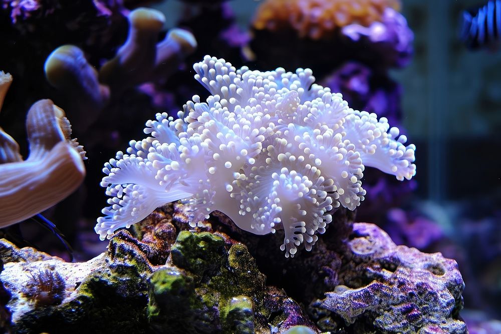 Random real amazing coral with a group of small fishs underwater aquarium outdoors.