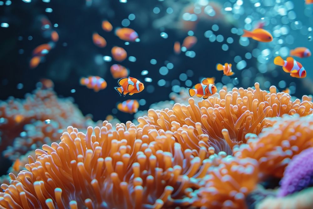 Real amazing coral with a group of small fishs underwater aquarium outdoors.