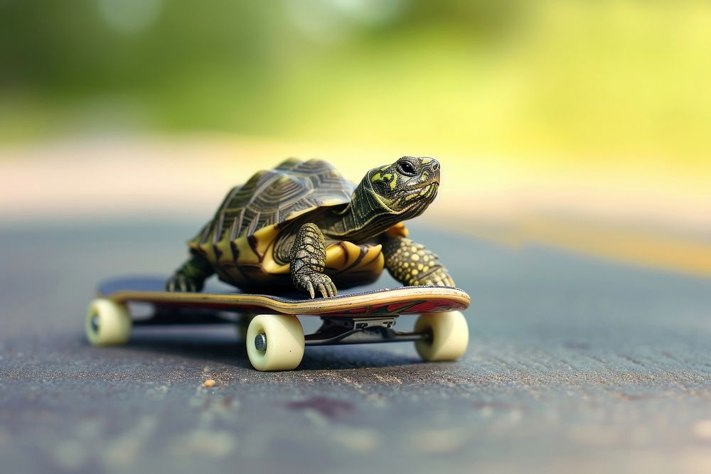 Cute tortoise on skateboard reptile animal skateboarding.