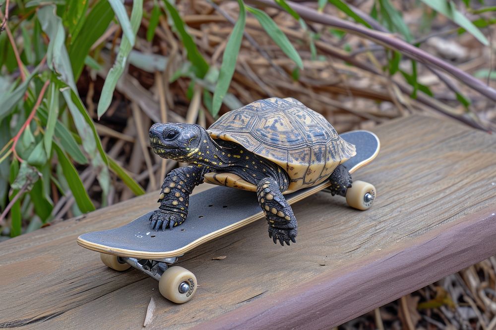 Cute tortoise on skateboard reptile animal longboard.
