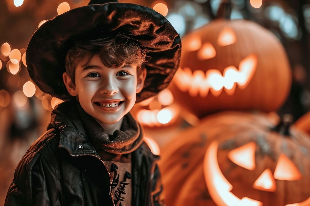Happy kid spooky in the halloween night jack-o'-lantern jack-o-lantern illuminated.