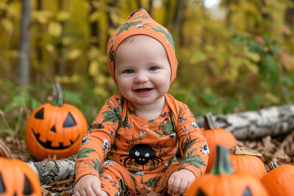 Happy kid spooky halloween face baby.