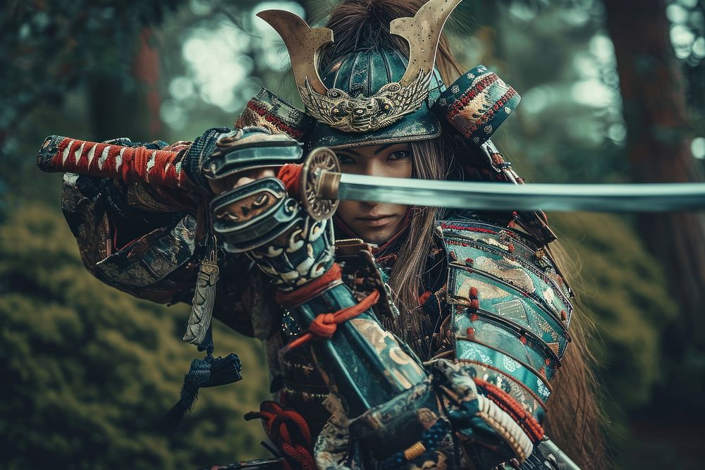 Japanese warrior in the battle field protection headwear security.