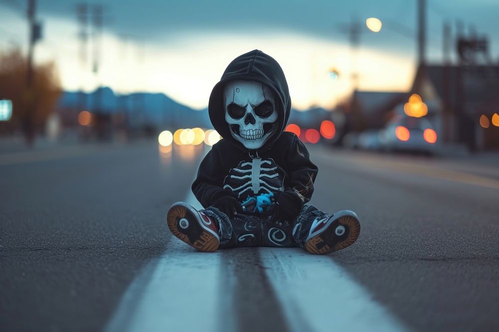 Kid spooky halloween representation skateboarding.