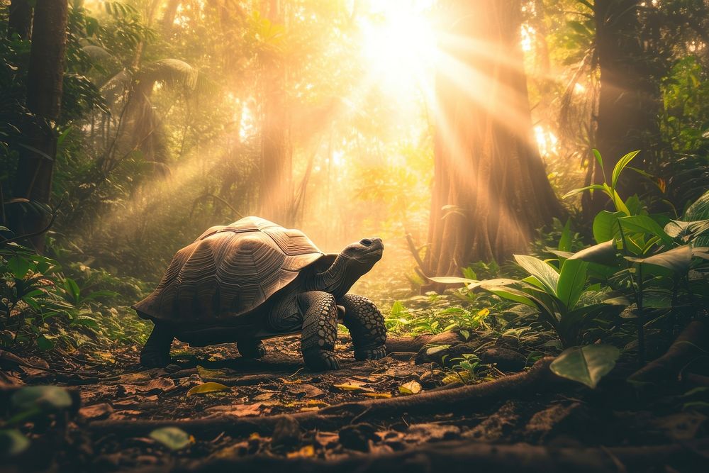 Wild tortoise sunlight outdoors woodland.