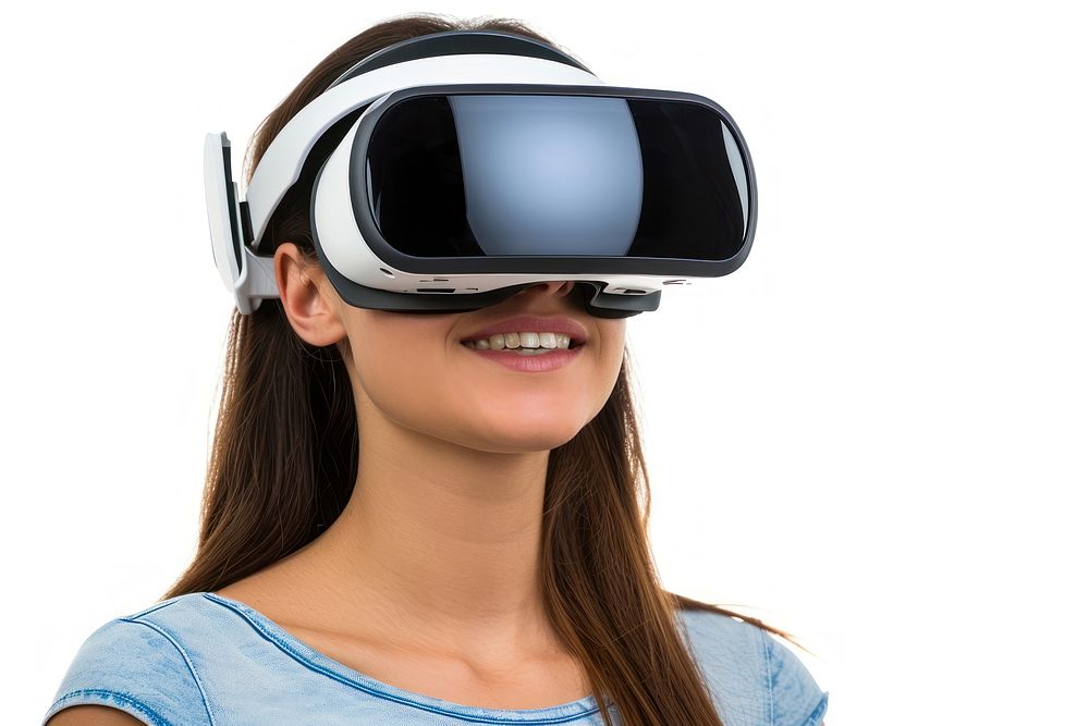 Woman wearing VR glasses futuristic photo white background accessories.