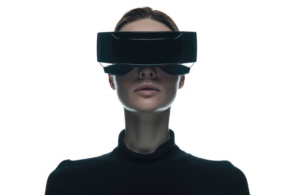 Woman wearing VR glasses futuristic portrait photo white background.