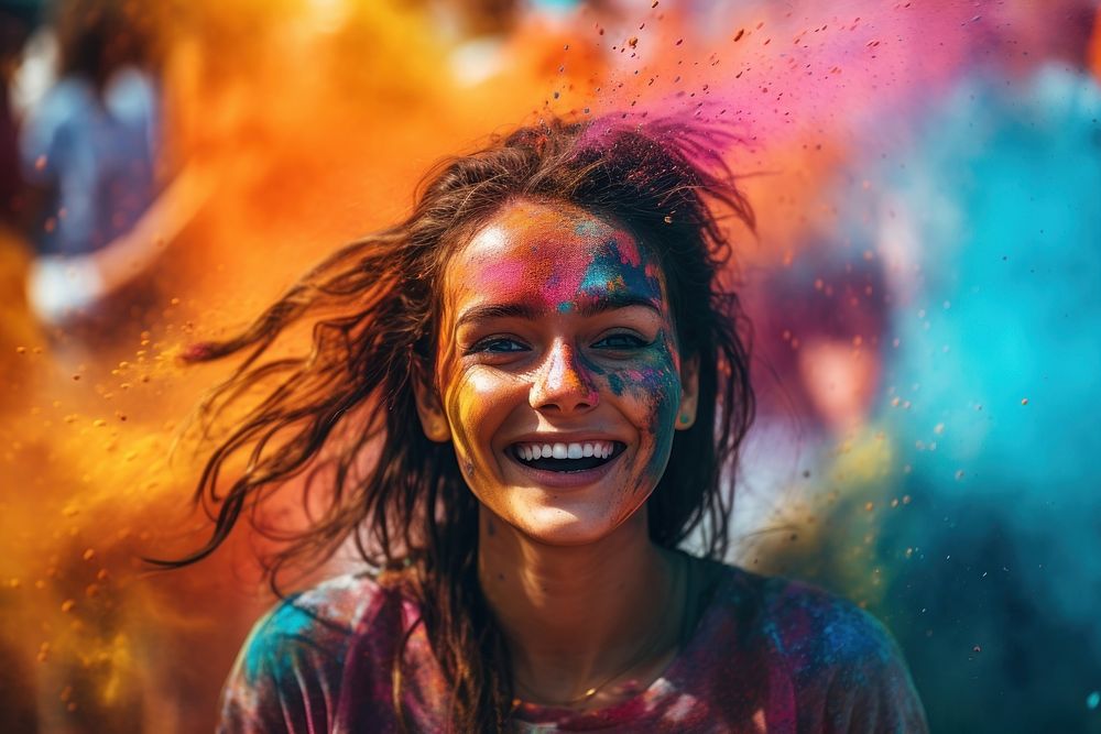 Holi festival laughing portrait adult. AI generated Image by rawpixel.