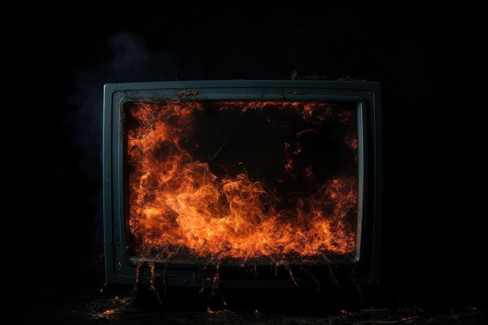 Vintage TV burnt fireplace electronics television.