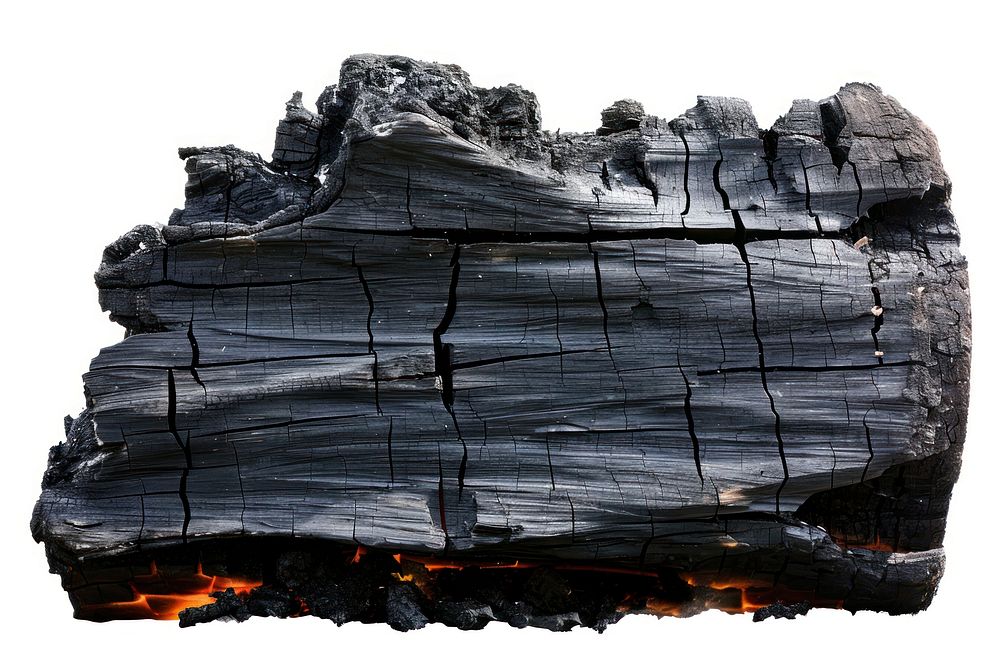 Fireplace log burnt outdoors rock white background.