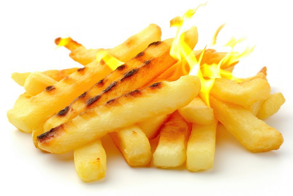 French fries burnt food white background vegetable.