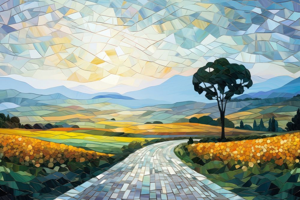 Road with landscape background art painting mosaic.