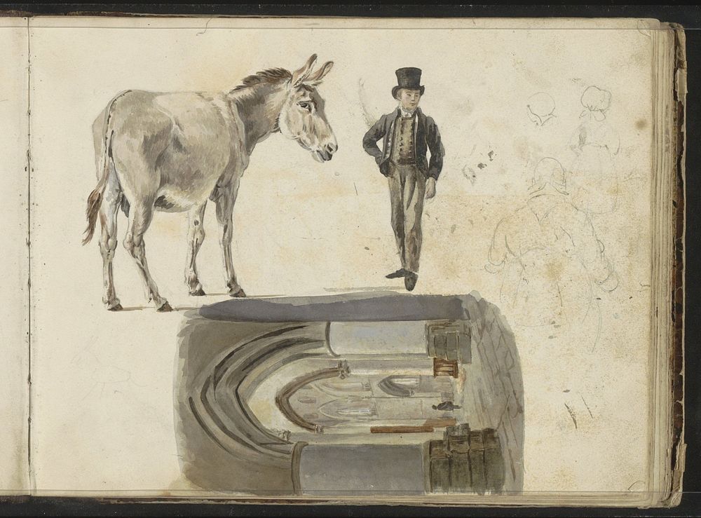Man in een kerkinterieur, een ezel en figuurstudies (1822 - 1893) by Willem Troost II