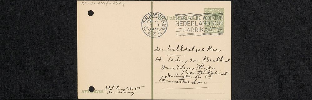 Briefkaart aan jonkheer Hendrik Teding van Berkhout (1879-1969) (1932) by Henri Verstijnen