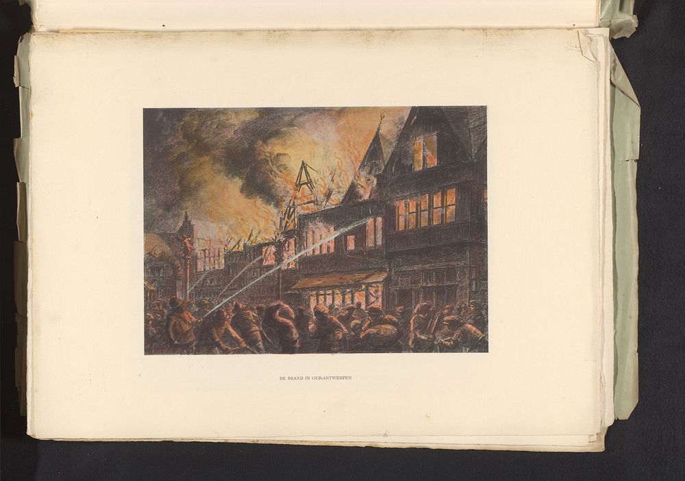 Reproductie van een aquarel van de brand in Oud-Antwerpen op de Wereldtentoonstelling van 1894 in Antwerpen, door Frans van…