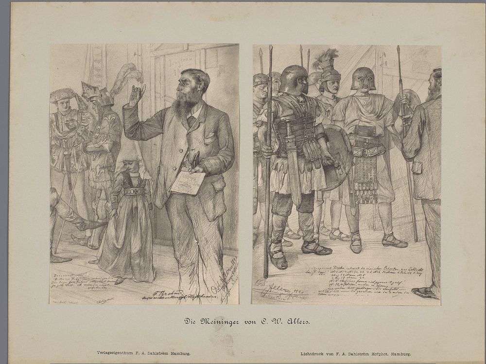 Twee fotoreproducties van tekeningen, voorstellende inspiciënt Brehms spreekt acteurs toe (1890) by F A Dahlström and…