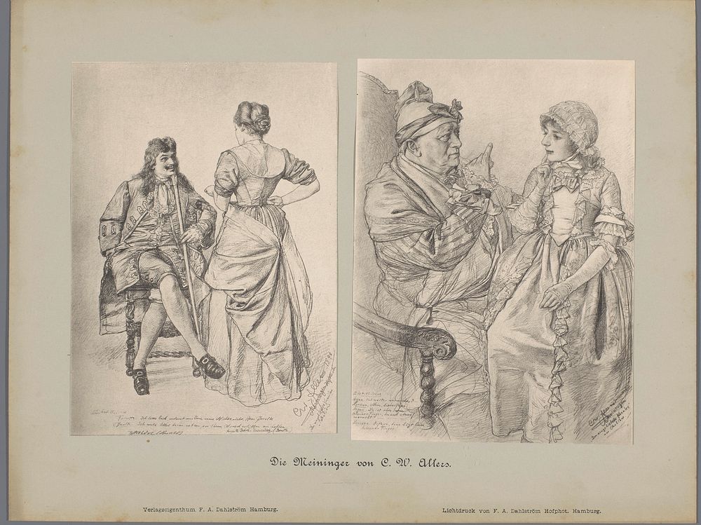 Twee fotoreproducties van tekeningen, voorstellende vier acteurs in historische kostuums (1890) by F A Dahlström and…
