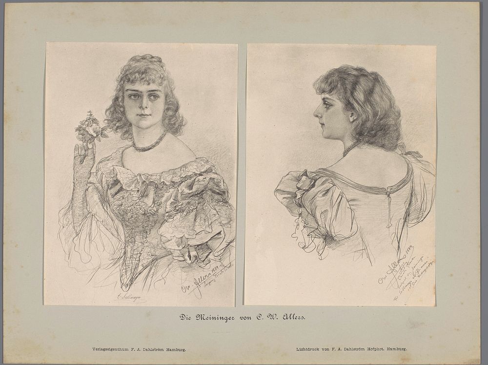 Twee fotoreproducties van tekeningen, voorstellende portretten van een actrice in kostuum (in or after 1889 - in or before…