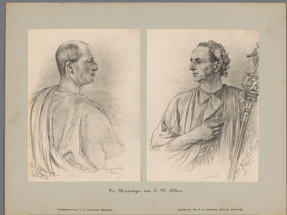 Twee fotoreproducties van tekeningen, voorstellende een portret van Leopold Teller als Cassius en een portret van Paul…