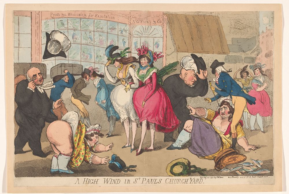 Voorbijgangers verrast door een windvlaag voor de etalage van Samuel W. Fores te Londen (1793) by anonymous and Samuel W…