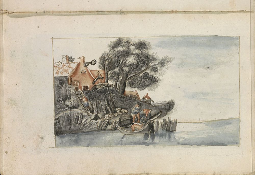 Figuren bij een aangemeerde boot aan een waterkant (1696) by Hendrick van Beaumont